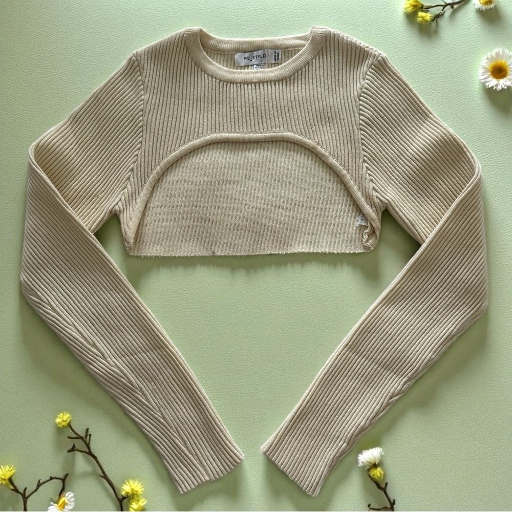 Re_Styld Cream Ribbed Long Sleeve Over-Shirt Top, Size 2 - Picture 2 of 10